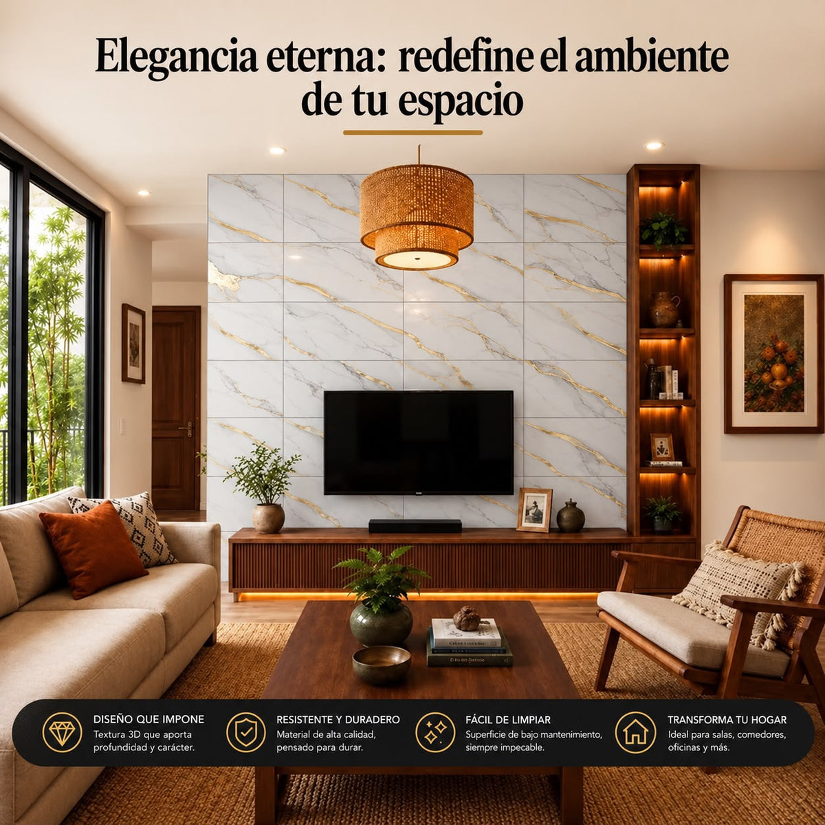 Panel Adhesivo Mármol Marfil Dorado 30cmx60cm x10 unidades
